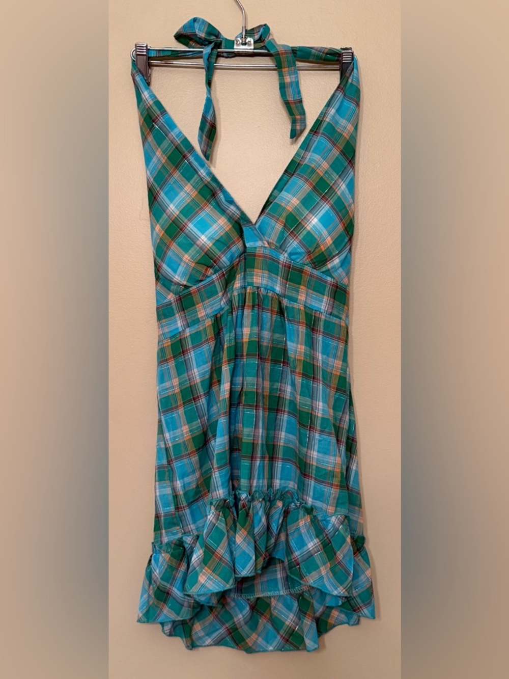 Papaya Teal Plaid Halter Top Sz L